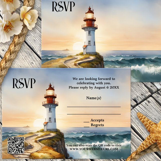 Nautical Beach Lighthouse Wedding RSVP Card (Elegant wedding RSVP card featuring a watercolor painting of a lighthouse at sunset - with QR code)