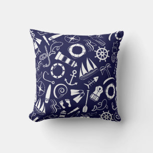 Nautical Beach Navy Blue White Sailor Lighthouse Cushion