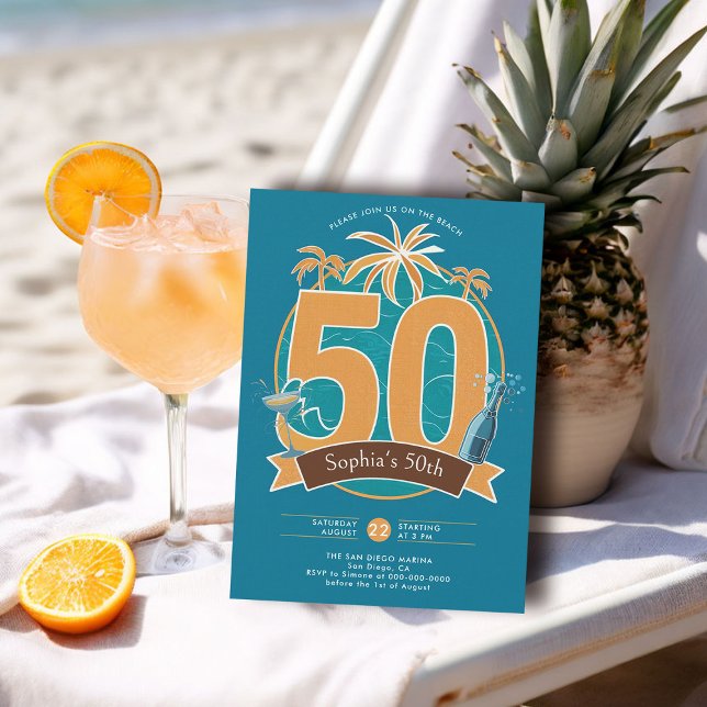 Nautical Beach Ocean Tropical Blue 50th Birthday Invitation (nautical birthday invitation 50th for her women tropical modern sleek elegant classy blue orange)