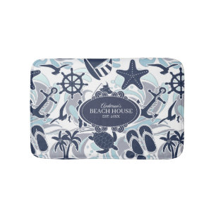 Nautical Beach Pattern Navy ID839 Bath Mat
