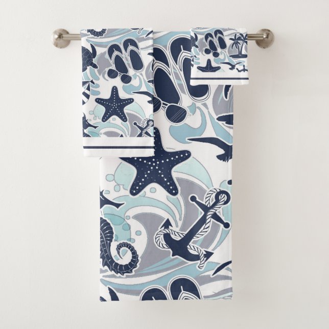 Nautical Beach Pattern Navy ID839 Bath Towel Set (Insitu)
