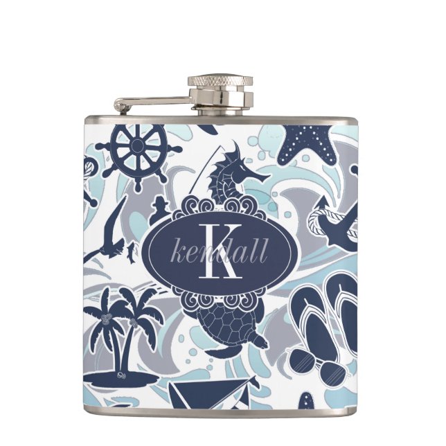 Nautical Beach Pattern Navy ID839 Flask (Front)