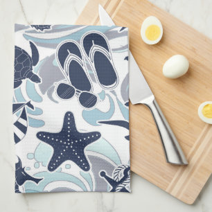 Nautical Beach Pattern Navy ID839 Tea Towel