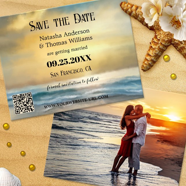 Nautical Beach Photo Save the Date Announcement (Save the Date card featuring a painting of a golden sunset at the beach - with QR code template)
