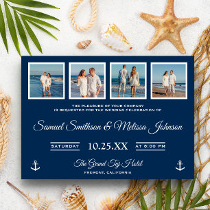 Nautical Beach Photos Navy Blue Wedding Invitation