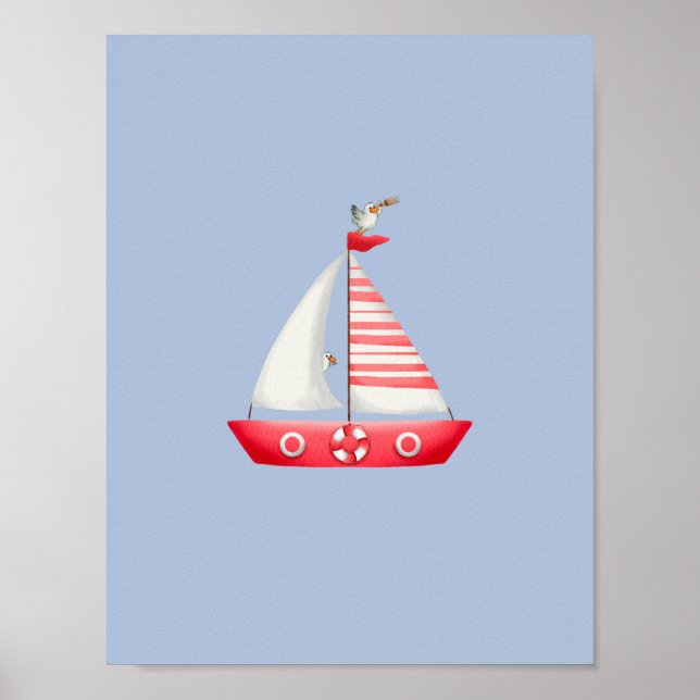 Nautical Beach Red Sailboat With Seagulls Nursery  Poster (Front)