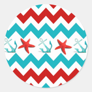 Nautical Beach Red Teal Chevron Anchors Starfish Classic Round Sticker