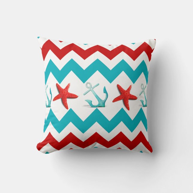 Nautical Beach Red Teal Chevron Anchors Starfish Cushion (Front)