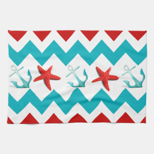 Nautical Beach Red Teal Chevron Anchors Starfish Tea Towel