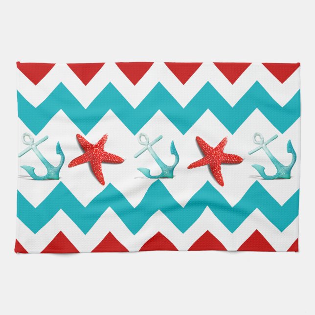 Nautical Beach Red Teal Chevron Anchors Starfish Tea Towel (Horizontal)