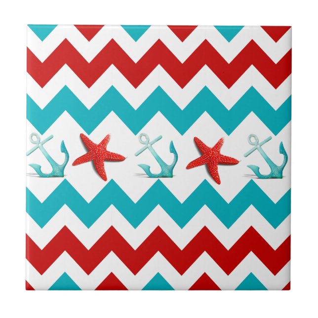 Nautical Beach Red Teal Chevron Anchors Starfish Tile (Front)
