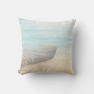 Nautical Beach Scene with Rowboat & Fishing Net Cushion