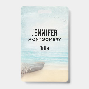 Nautical Beach Scene with Rowboat & Fishing Net ID Badge