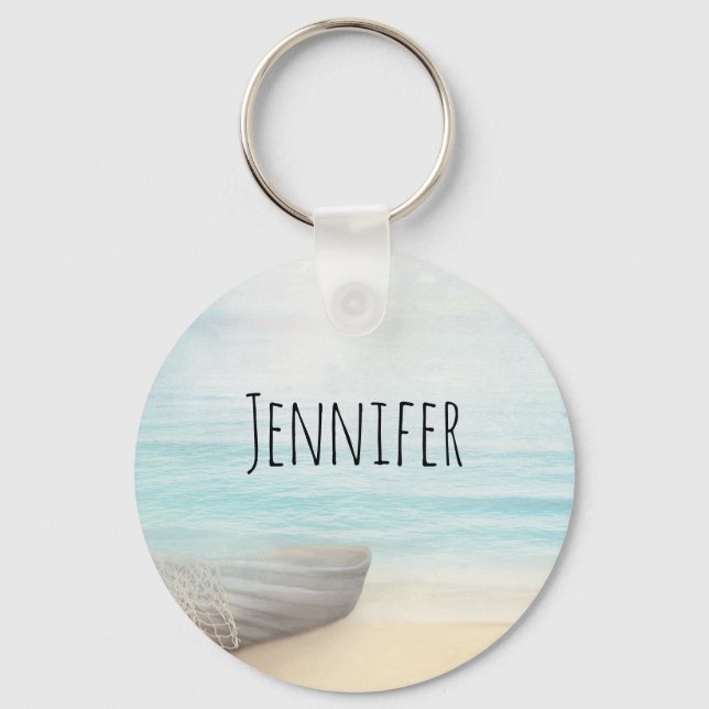  Nautical Beach Scene with Rowboat & Fishing Net Key Ring (Front)