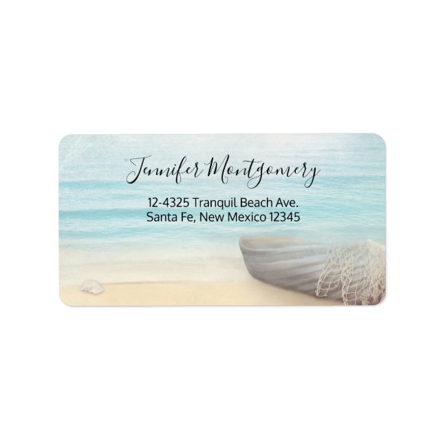 Nautical Beach Scene with Rowboat & Fishing Net Label (Front)