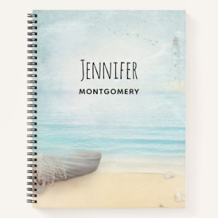 Nautical Beach Scene with Rowboat & Fishing Net Notebook