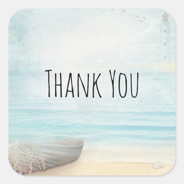 Nautical Beach Scene with Rowboat & Fishing Net Square Sticker (Front)