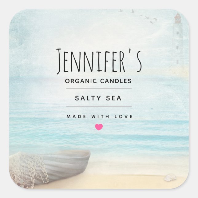 Nautical Beach Scene with Rowboat & Fishing Net Square Sticker (Front)