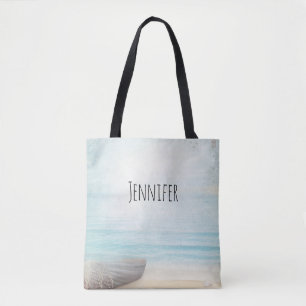 Nautical Beach Scene with Rowboat & Fishing Net Tote Bag
