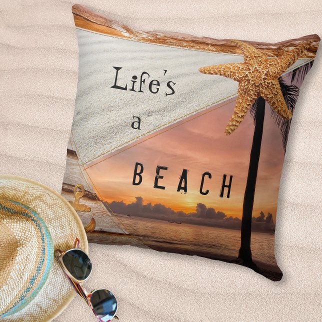 Nautical Beach Scrapbook Sunset Pillow (Scrapbook style pillow featuring different beach scenes with sand, sunset, starfish and surf)
