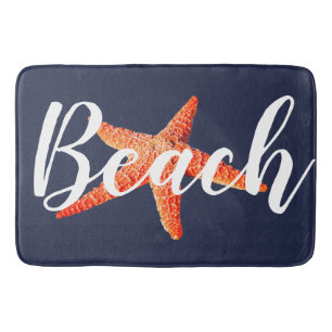 Nautical Beach Script Red Starfish & Navy Bath Mat