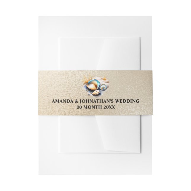 Nautical beach sea shell iridescent gold seashells invitation belly band (Front Example)