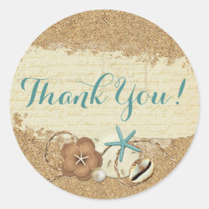 Nautical Beach Seashells & Sand Ocean Thank You Classic Round Sticker