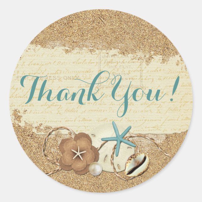 Nautical Beach Seashells & Sand Ocean Thank You Classic Round Sticker (Front)