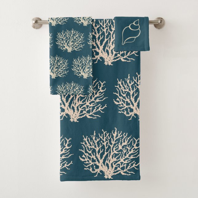 Nautical Beach Shell Coral Bathroom Towel Set (Insitu)