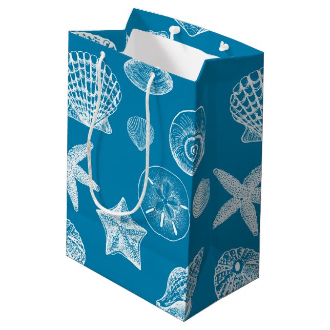 Nautical Beach Shells Aqua White Medium Gift Bag (Back Angled)