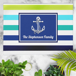 Nautical Beach Stripes Family Name Personalised Tea Towel
