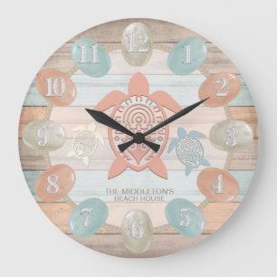 Nautical Beach Stripes, Sea Glass, Turtle Large Clock