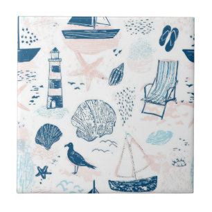 Nautical Beach Summer Blue Pink Coastal (1) Ceramic Tile