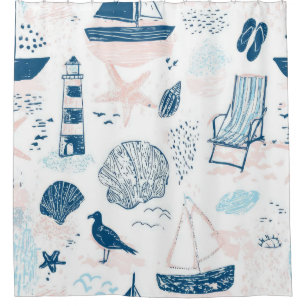 Nautical Beach Summer Blue Pink Coastal (1) Shower Curtain