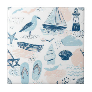 Nautical Beach Summer Blue Pink Coastal (2) Ceramic Tile