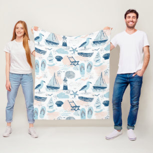 Nautical Beach Summer Blue Pink Coastal (2) Fleece Blanket