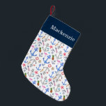 Nautical Beach Summer Pattern Custom Name Small Christmas Stocking<br><div class="desc">This fun,  beach themed stocking adds a touch of the ocean to your holiday decor. Personalise with your name. Design features many beach elements including anchors,  flamingos,  starfish,  pineapples,  lighthouses,  and more.</div>