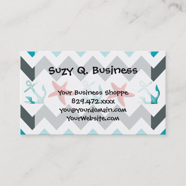 Nautical Beach Theme Chevron Anchors Starfish Business Card (Front)