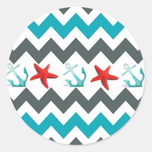 Nautical Beach Theme Chevron Anchors Starfish Classic Round Sticker