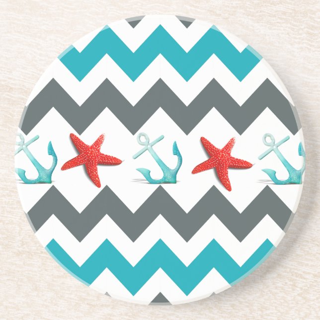 Nautical Beach Theme Chevron Anchors Starfish Coaster (Front)