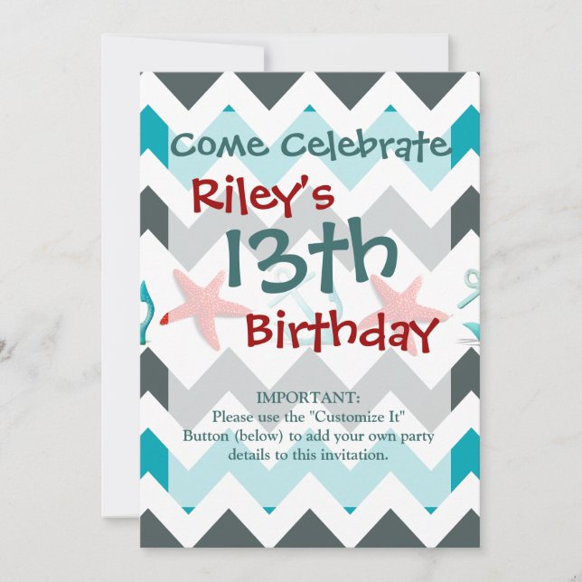 Nautical Beach Theme Chevron Anchors Starfish Invitation (Front)