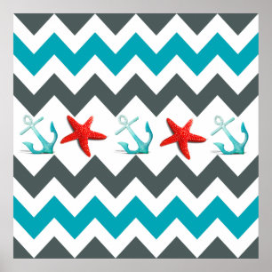 Nautical Beach Theme Chevron Anchors Starfish Poster
