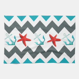 Nautical Beach Theme Chevron Anchors Starfish Tea Towel