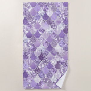 Nautical Beach Towel, Cute Purple Mermaid Scales Beach Towel