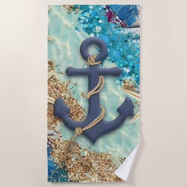 Nautical Beach Towel with Blue Anchor  (Front)