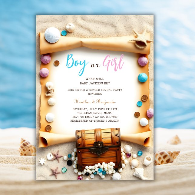 Nautical Beach Treasure Chest Gender Reveal Party Invitation (Nautical Beach Treasure Chest Gender Reveal Party Invitation)
