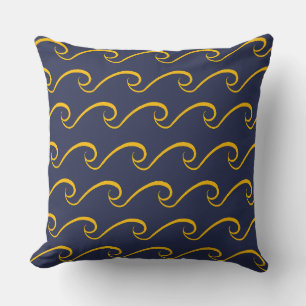 Nautical Beach Wave Navy Blue and Gold Pillow