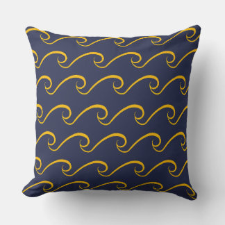 Nautical Beach Wave Navy Blue and Gold Pillow