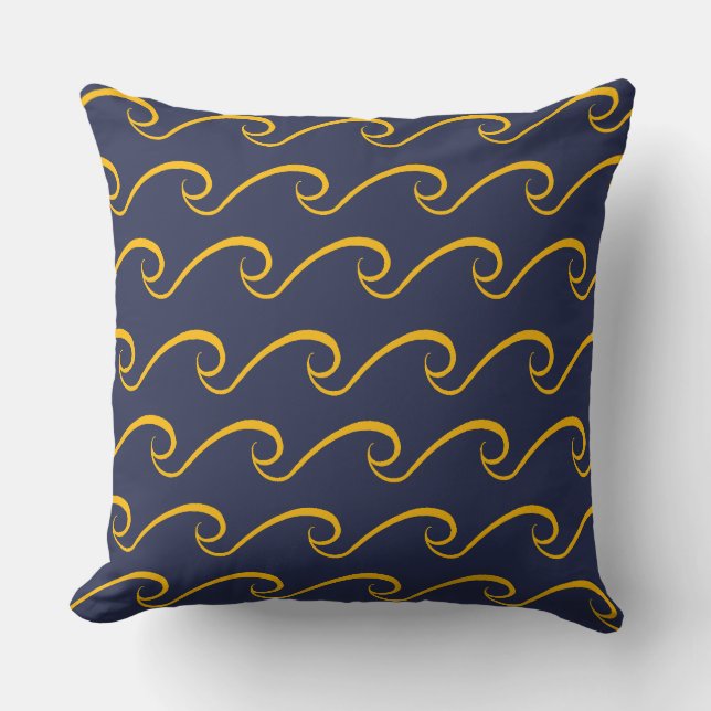 Nautical Beach Wave Navy Blue and Gold Pillow (Front)