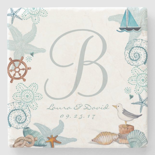 Nautical Beach Wedding | Custom Marble Coaster (Front)